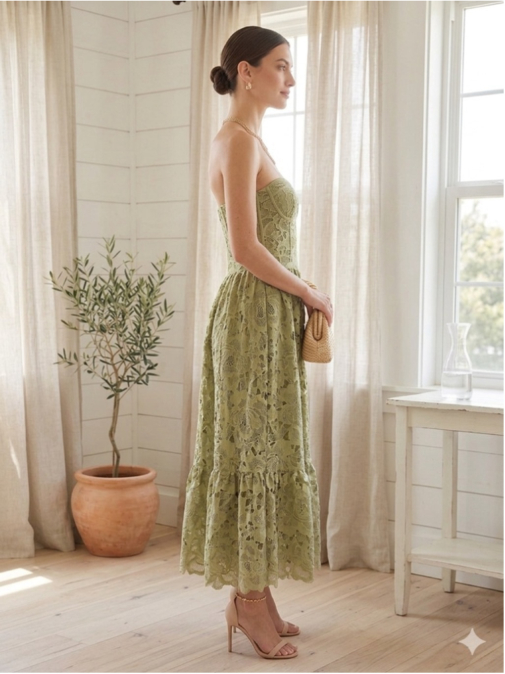 Glam Sage Green Lace Corset Maxi Dress Strapless Cutout Crochet Floral XL Summer - Picture 2 of 11